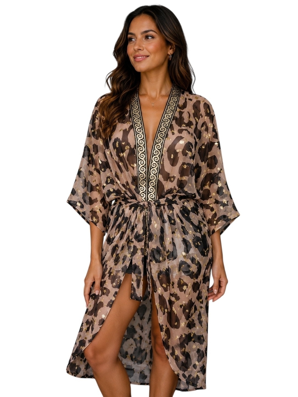 NWOT SUKI SO Leopard Gold Foil Sheer Kimono Duster Cover Up. O/S
